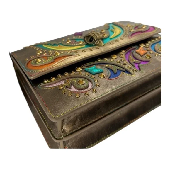 Kurt Geiger NWT Bronze Shoreditch Western Rhinestones Embroidered Metallic - Picture 9 of 12